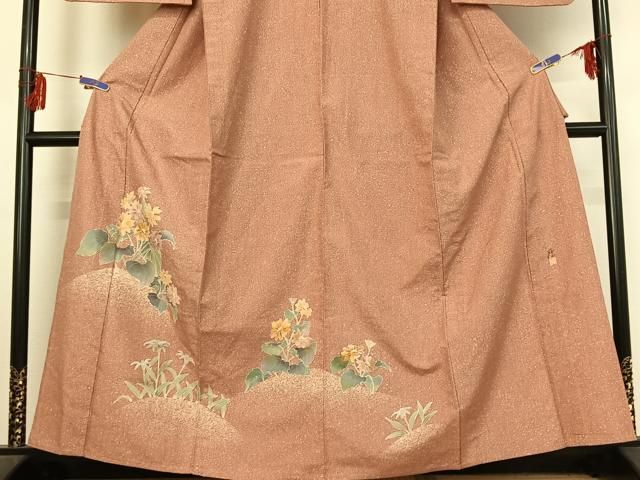  平和屋着物▽訪問着 単衣 紬地 作家物 草花文 金彩 正絹 jh 訪問着 付け下げ 着物