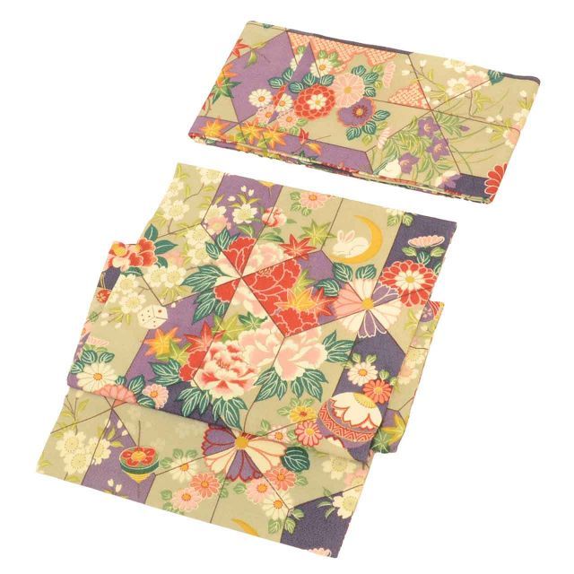 リサイクル 作り帯 ワンタッチ帯 名古屋帯 単衣 袷 簡単 正絹 染め帯 お太鼓柄 花 兎 玩具 お太鼓結び 着付け帯 着物 カジュアル 紬 SILK kimono リユース uu 2351 b