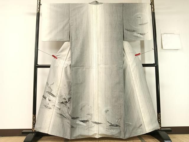 平和屋着物●訪問着 縦節紬 手描き 舞羽根文 正絹 vp