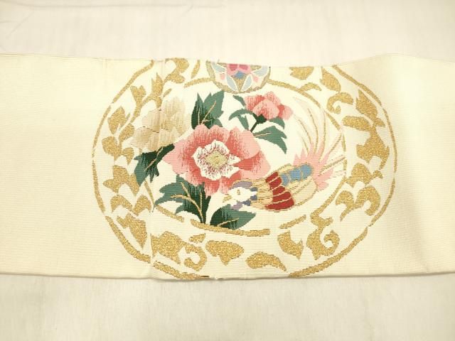 平和屋着物○爪掻き本綴れ 八寸名古屋帯 花鳥文 金糸 正絹 逸品