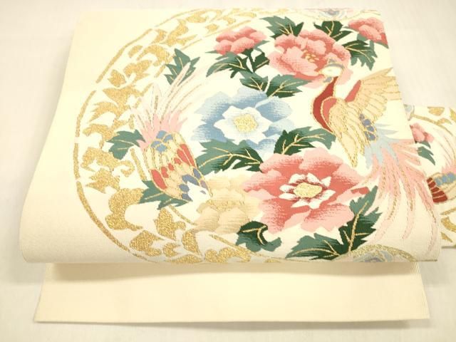 平和屋着物●爪掻き本綴れ　九寸名古屋帯　花鳥文　金糸　正絹　逸品　DAAZ0156ps 平和屋着物○爪掻き本綴れ 八寸名古屋帯 花鳥文 金糸 正絹 逸品