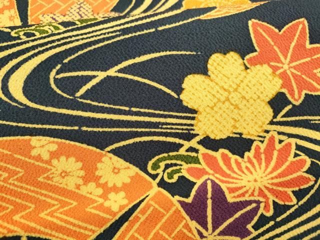 平和屋着物○全通柄九寸名古屋帯 型染 流水水車花文 鬼しぼ縮緬 正絹