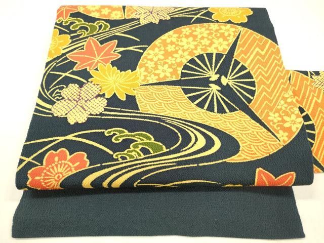 平和屋着物○全通柄九寸名古屋帯 型染 流水水車花文 鬼しぼ縮緬 正絹