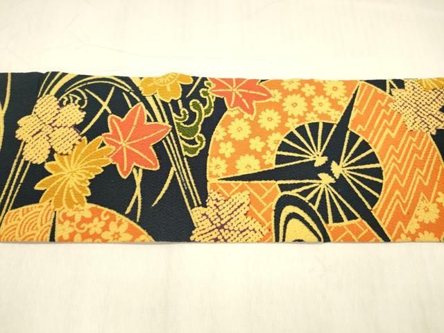 平和屋着物○全通柄九寸名古屋帯 型染 流水水車花文 鬼しぼ縮緬 正絹