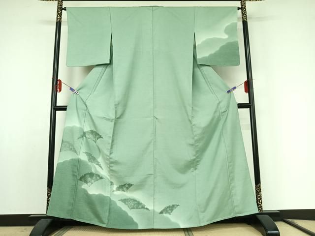 平和屋着物▽訪問着 単衣 紬地 刺繍 雲取り花文 暈し染め 正絹 jh