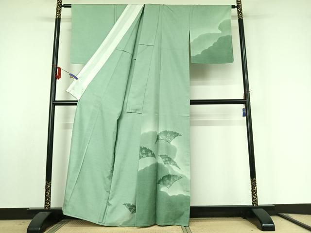 平和屋着物▽訪問着 単衣 紬地 刺繍 雲取り花文 暈し染め 正絹 jh