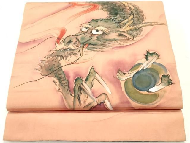 平和屋着物●アンティーク 大正ロマン 本場筑前博多織 両面 全通柄京袋帯 手描き 龍 献上 正絹 ob