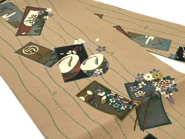 平和屋着物○全通柄九寸名古屋帯 短冊花下駄間道 鬼しぼ縮緬 正絹 逸品