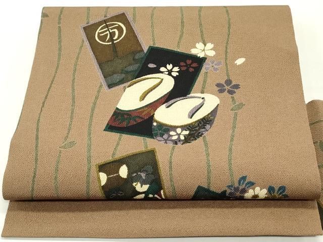 平和屋着物○全通柄九寸名古屋帯 短冊花下駄間道 鬼しぼ縮緬 正絹 逸品