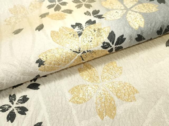 平和屋着物○全通柄袋帯 膨れ織 舞桜文 金通し地 正絹 逸品 DAAZ3416ob