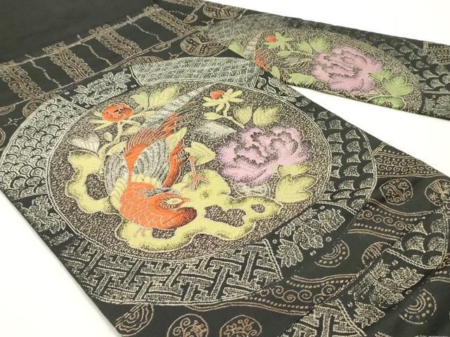 平和屋着物●アンティーク 大正ロマン 九寸名古屋帯 鳳凰吉祥草花丸文 黒地 金糸 正絹 ob
