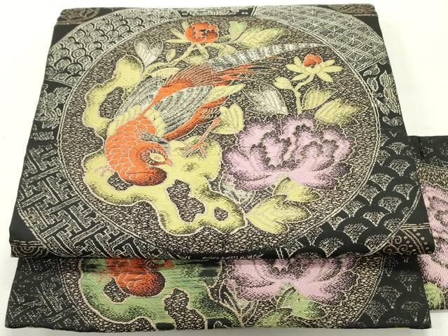 平和屋着物●アンティーク 大正ロマン 九寸名古屋帯 鳳凰吉祥草花丸文 黒地 金糸 正絹 ob