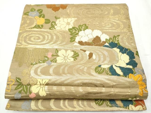 平和屋着物●アンティーク 大正ロマン 丸帯 唐織 流水花文 金糸 正絹 hy