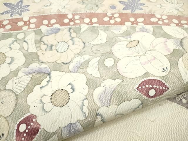 平和屋着物○英王室献上友禅作家 木下勝功 太鼓柄袋帯 髭紬 辻が花