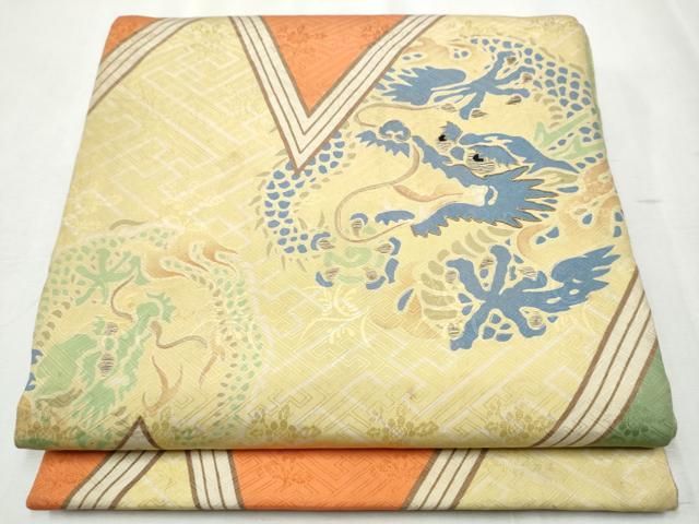 平和屋着物●アンティーク 大正ロマン 丸帯 駒刺繍 龍 引き抜き帯 正絹 hy