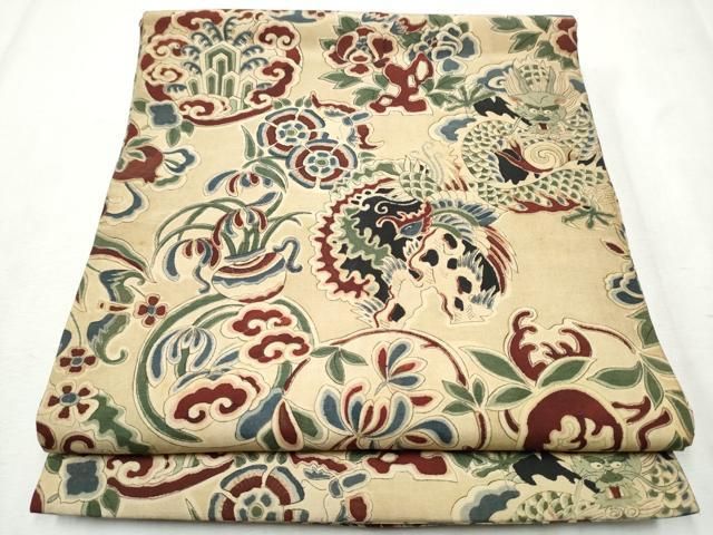 平和屋着物●アンティーク 大正ロマン 丸帯 龍 鳳凰花文 正絹 hy