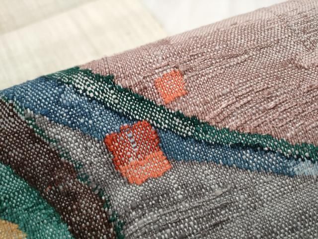 5k2346 名古屋帯　絹　西陣織　渡文　紬　茶色　赤　緑　ベージュ　青　ピンク 5k2346 名古屋帯 絹 西陣織 渡文 紬 茶色 赤 緑 ベージュ 青 ピンク