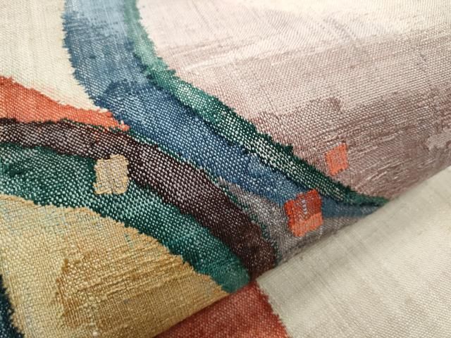 平和屋着物○西陣 老舗 渡文謹製 手織 八寸名古屋帯 紬地 幾何学文様