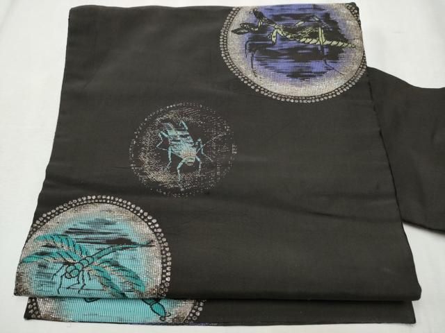 平和屋着物●アンティーク 大正ロマン 九寸名古屋帯 カマキリ トンボ コウロギ 黒地 金銀糸 正絹 hy