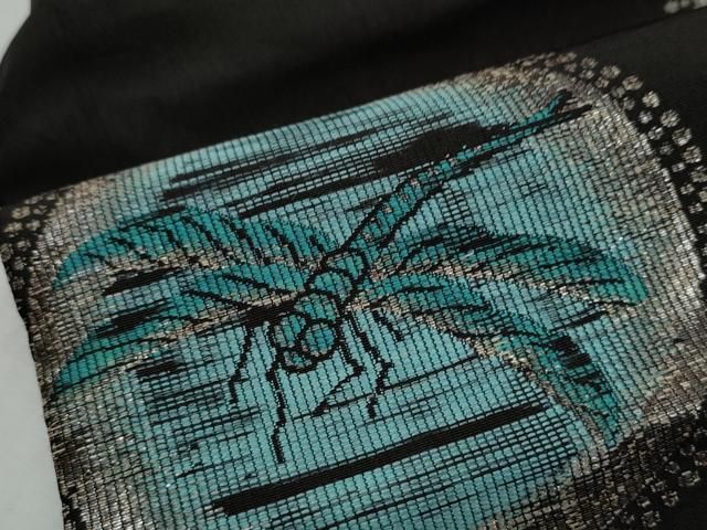  平和屋着物●アンティーク 大正ロマン 九寸名古屋帯 カマキリ トンボ コウロギ 黒地 金銀糸 正絹 hy その他 着物 浴衣