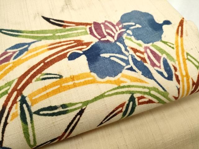 平和屋着物○九寸開き名古屋帯 紬地 型染め 花丸文 正絹 逸品