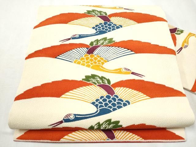 平和屋着物○全通柄 九寸名古屋帯 型染め 飛鶴文 鬼しぼ縮緬 正絹 逸品