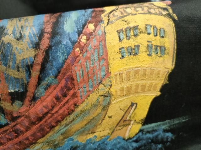  平和屋着物●アンティーク 大正ロマン 九寸名古屋帯 手描き 南蛮船 黒地 正絹 hy その他 着物 浴衣