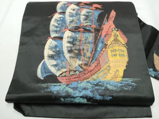 平和屋着物●アンティーク 大正ロマン 九寸名古屋帯 手描き 南蛮船 黒地 正絹 hy