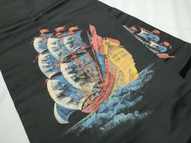 平和屋着物●アンティーク 大正ロマン 九寸名古屋帯 手描き 南蛮船 黒地 正絹 hy