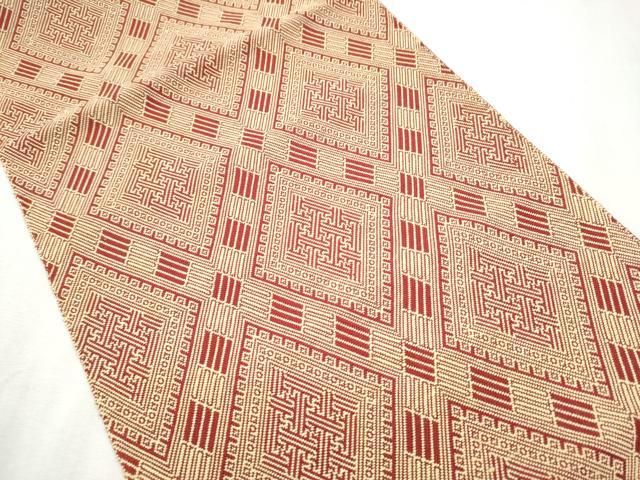平和屋着物●九寸名古屋帯　紬地　刺子　幾何学横段文　紅鬱金色　正絹　逸品　未使用　DAAU6971ob 平和屋着物○こぎん刺し 九寸名古屋帯 菱吉祥文 正絹 逸品 CABB9497hy