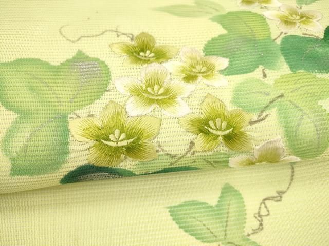 平和屋着物＊夏物　九寸名古屋帯　手描き　成り物蔦の葉文　DABA0524cm 平和屋着物＊夏物 九寸開き名古屋帯 作家物 手描き 刺繍 蔦の葉花文 銀