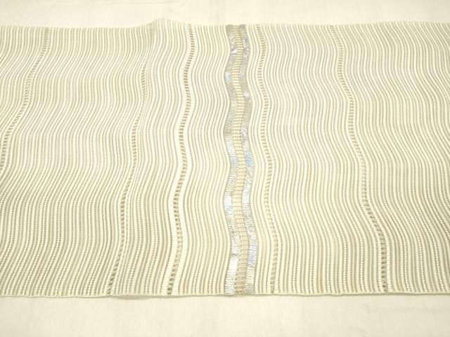 平和屋着物＊夏物　絽綴れ　八寸名古屋帯　よろけ縞　金糸　正絹　逸品　DAAX8649cm 平和屋着物＊夏物 絽綴れ 八寸名古屋帯 よろけ縞 銀糸 正絹 逸品