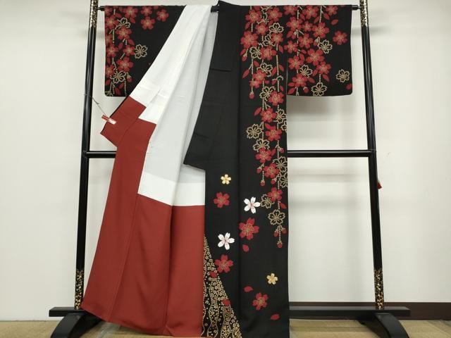 平和屋着物●訪問着 竹屋町刺繍 駒刺繍 舞桜文 黒地 金彩 正絹 ut