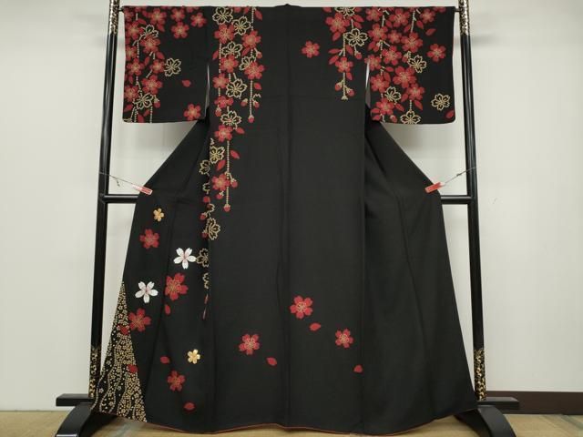 平和屋着物●訪問着 竹屋町刺繍 駒刺繍 舞桜文 黒地 金彩 正絹 ut