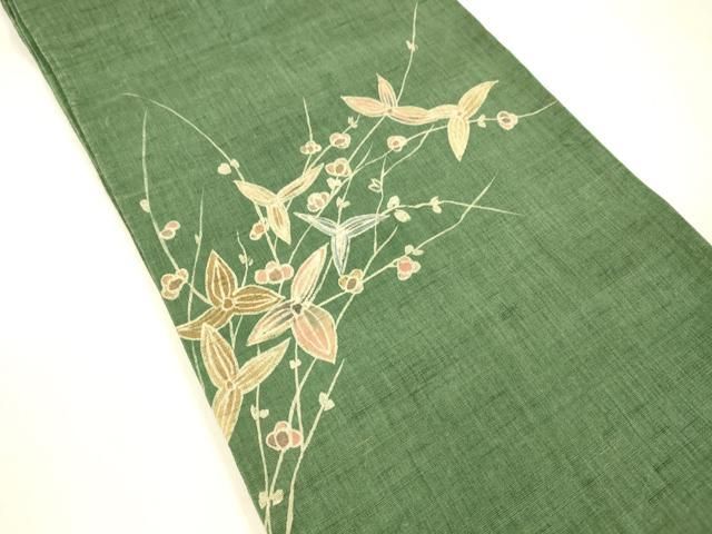 平和屋着物＊夏物 太鼓柄袋帯 ろうけつ染め 作家物 枝花文 麻 cm