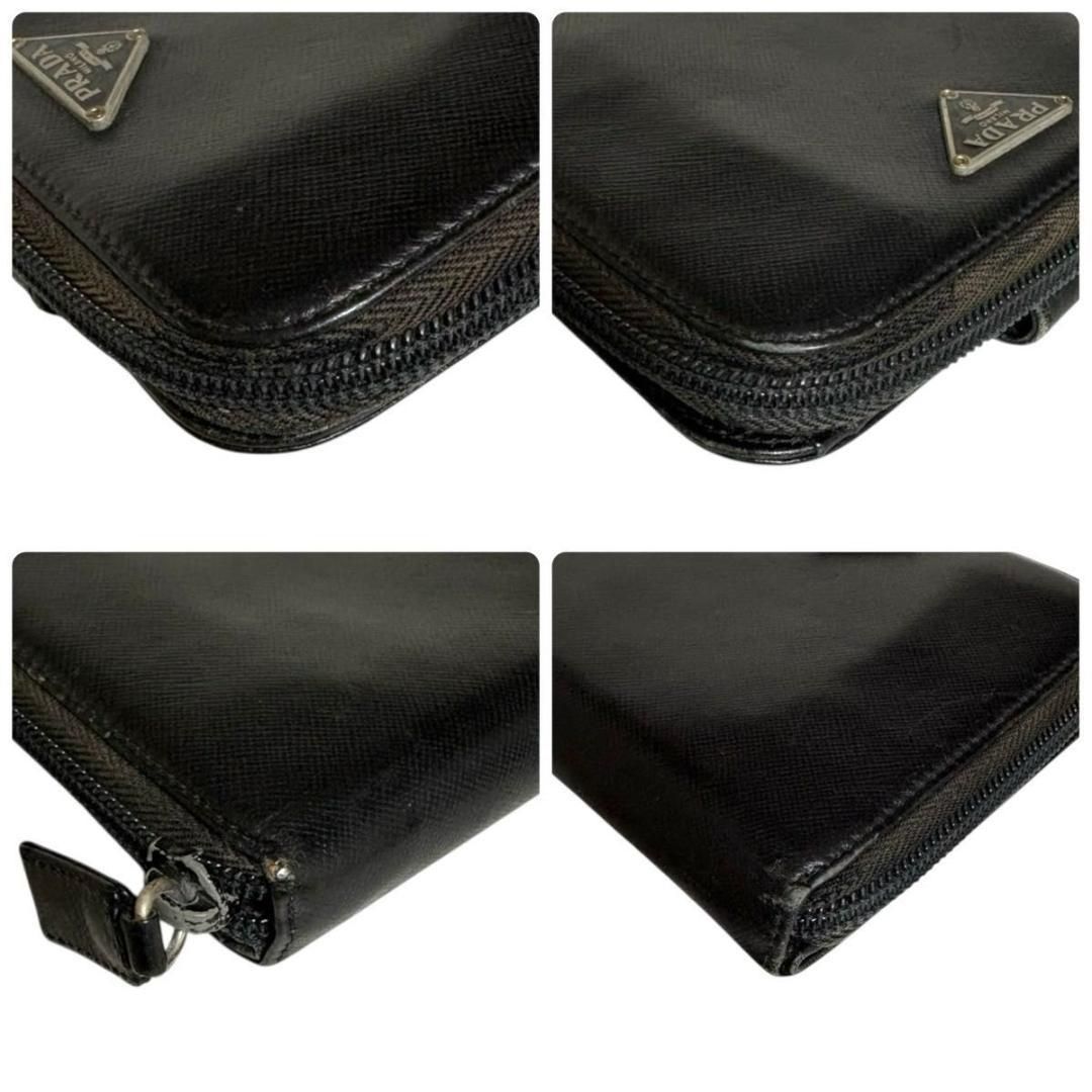 良品 PRADA 二つ折り 三角プレート サフィアーノ レザー 黒 ブラック