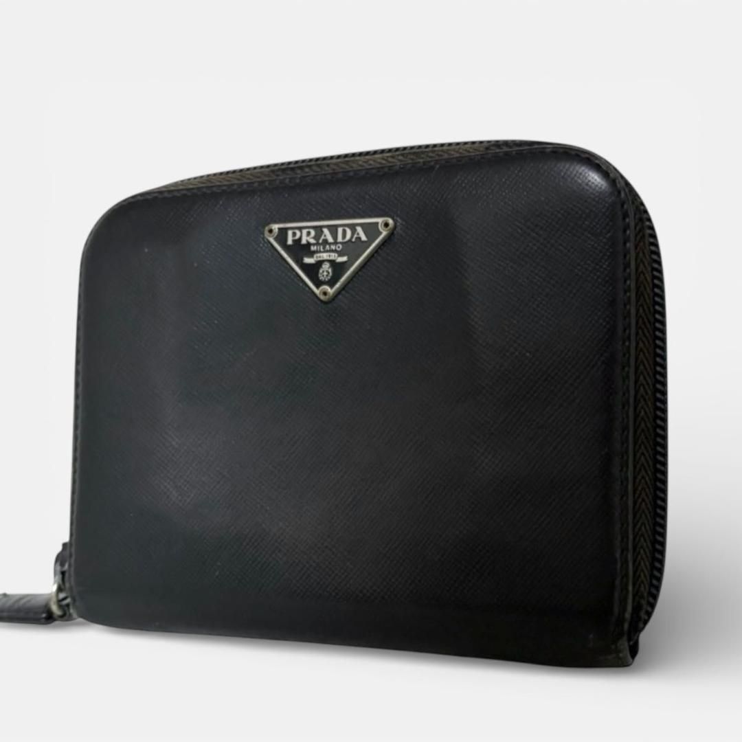 良品 PRADA 二つ折り 三角プレート サフィアーノ レザー 黒 ブラック