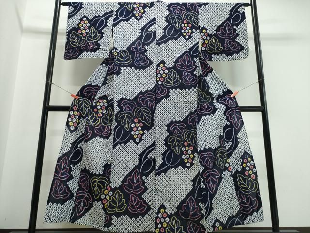 平和屋着物∴夏物 浴衣 有松鳴海絞り 葡萄蔦の葉文 綿 ng