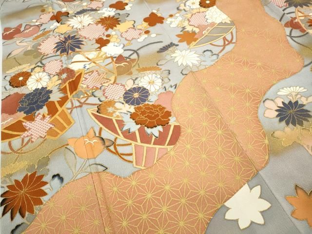  平和屋着物●豪華振袖 駒刺繍 麻の葉花籠文 金彩 正絹 ut 振袖 着物