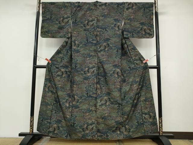 平和屋着物●小千谷紬 100亀甲 十二単 雲取り屏風花文 正絹 ut