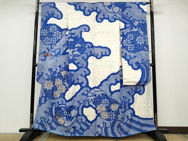 平和屋着物●豪華振袖 総絞り 駒刺繍 立波草花文 正絹 ut