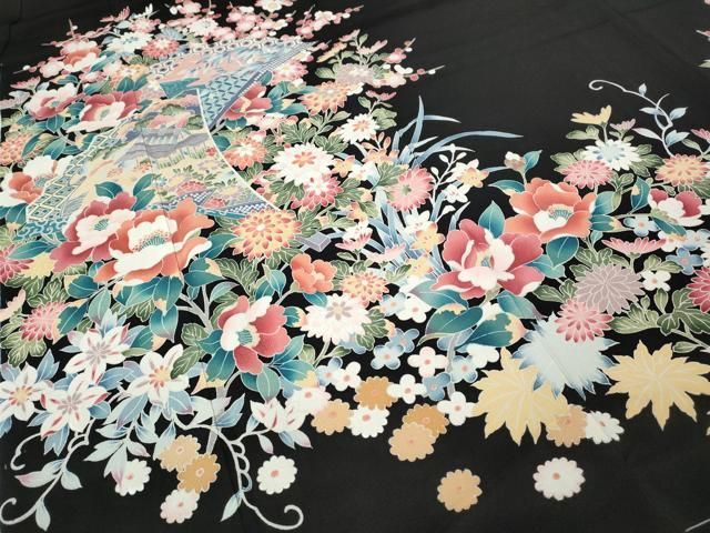 平和屋着物○豪華黒留袖 友禅 作家物 扇面風景草花文 正絹 逸品 未使用
