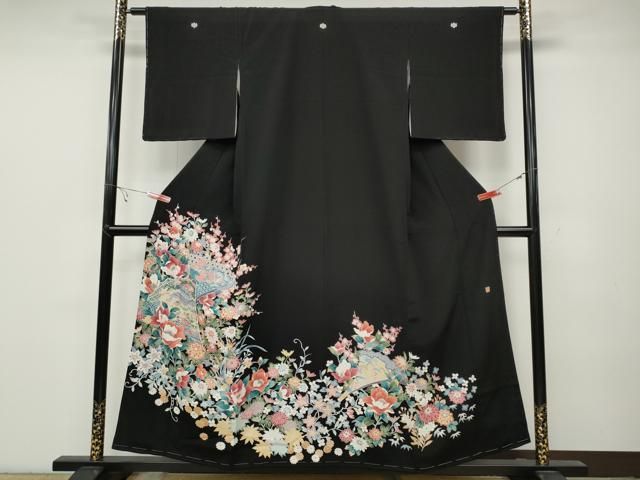 平和屋着物●豪華黒留袖 友禅 作家物 扇面風景草花文 正絹 ♥ ut