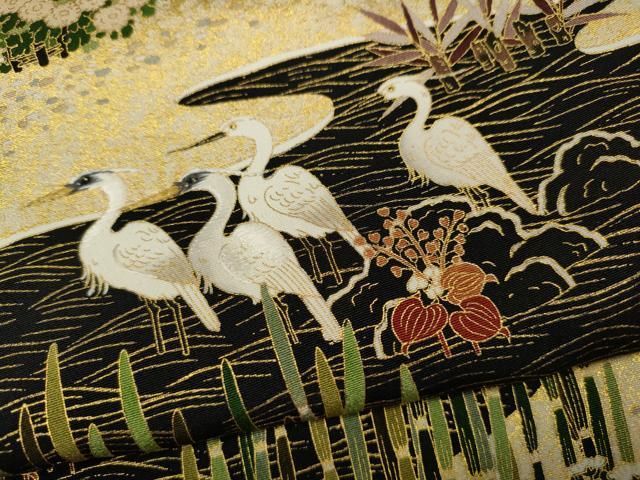 平和屋着物○松尾光琳 黒留袖 流水鷺草花文 金彩 正絹 逸品 未使用