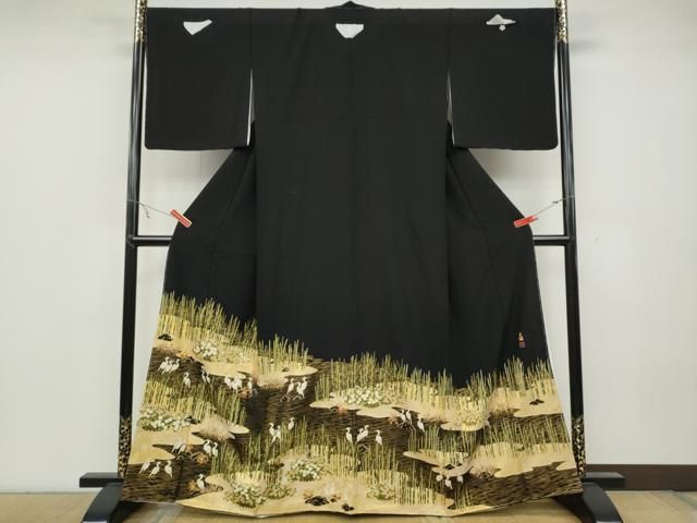 平和屋着物○松尾光琳 黒留袖 流水鷺草花文 金彩 正絹 逸品 未使用