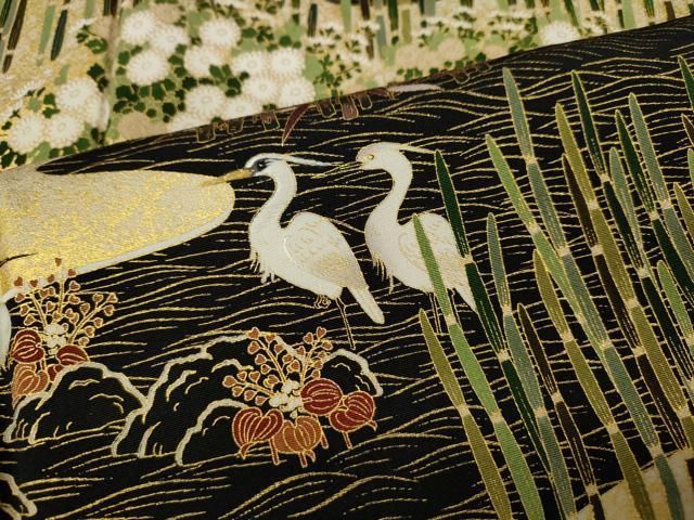 平和屋着物○松尾光琳 黒留袖 流水鷺草花文 金彩 正絹 逸品 未使用
