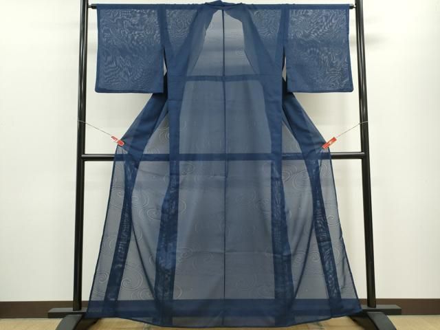 平和屋着物＊夏物 色無地 立波紋紗 濃藍色 洗える着物 CABB9733ze