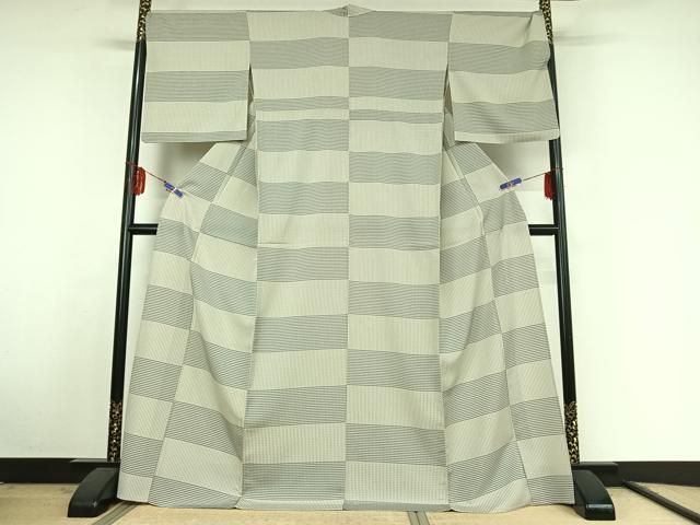 平和屋着物▽お召 単衣 吉野間道 ロング丈 正絹 jh