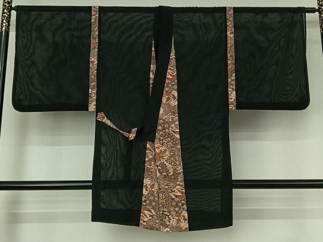 平和屋着物▽道中着 スリーシーズン 春夏秋 塵除け 草花文 黒地 正絹 jh