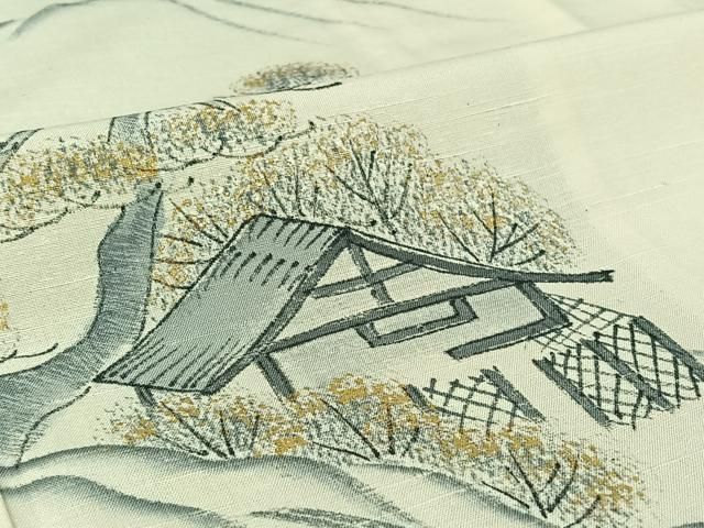 平和屋着物▽訪問着　単衣　作家物　紬地　手描き　風景文　正絹　逸品　AABC1236jh 平和屋着物▽訪問着 単衣 作家物 紬地 手描き 風景文 金彩 正絹 逸品